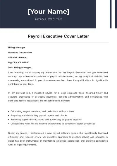 Free Payroll Executive Cover Letter to Edit Online