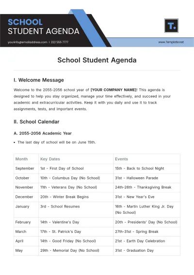 Free School Student Agenda Template to Edit Online