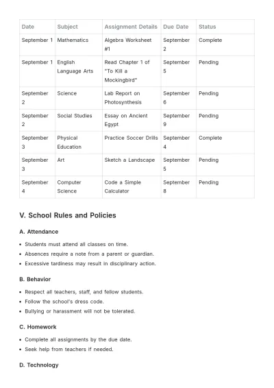 Free School Student Agenda Template to Edit Online