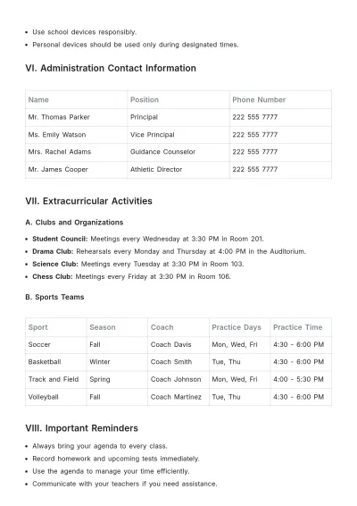 Free School Student Agenda Template to Edit Online