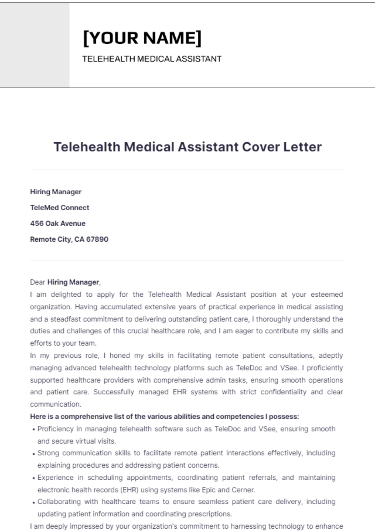 Telehealth Medical Assistant Cover Letter - Edit Online & Download