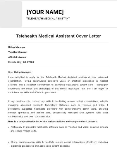 Free Telehealth Medical Assistant Cover Letter to Edit Online
