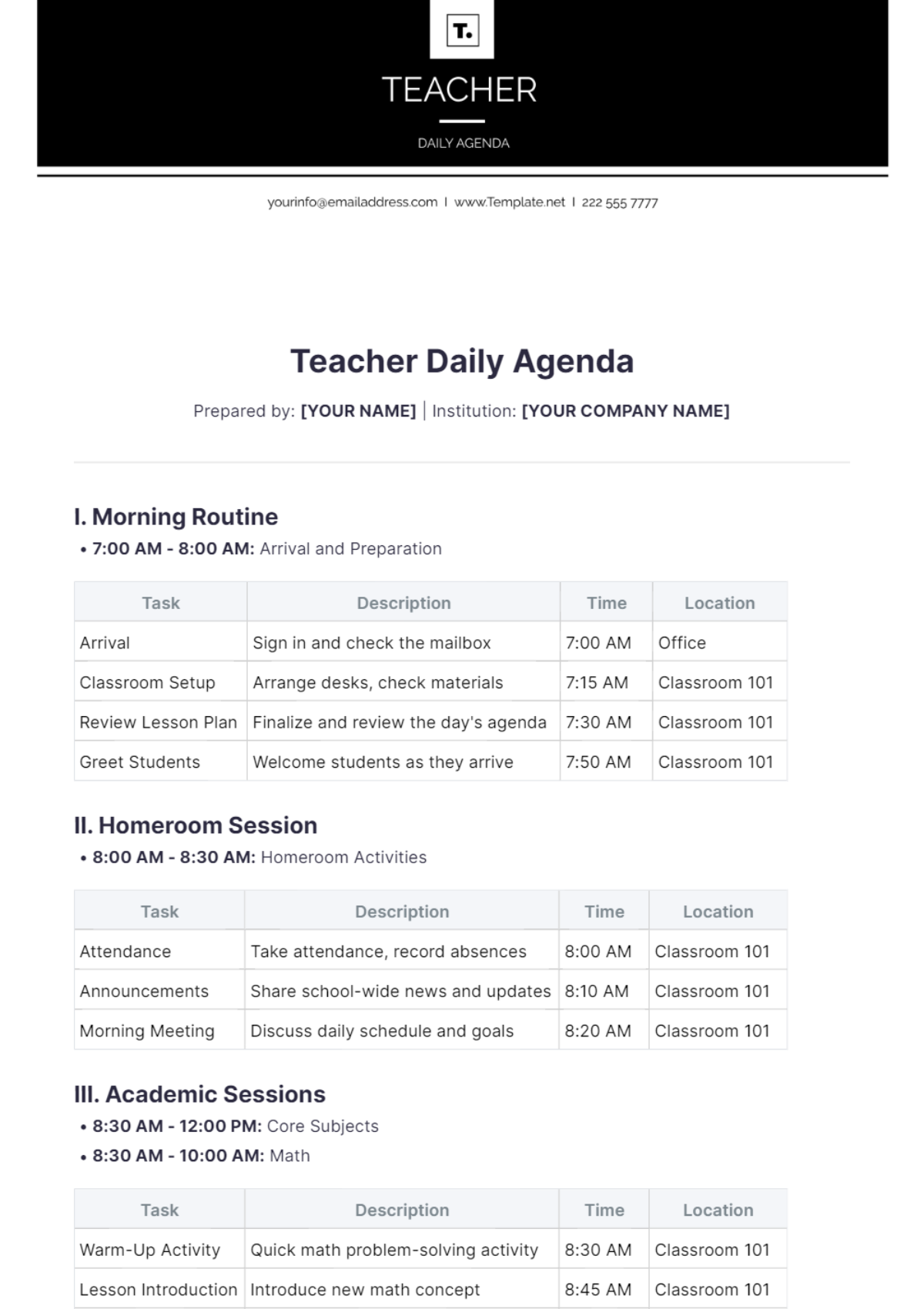 Free Teacher Daily Agenda Template - Edit Online & Download | Template.net