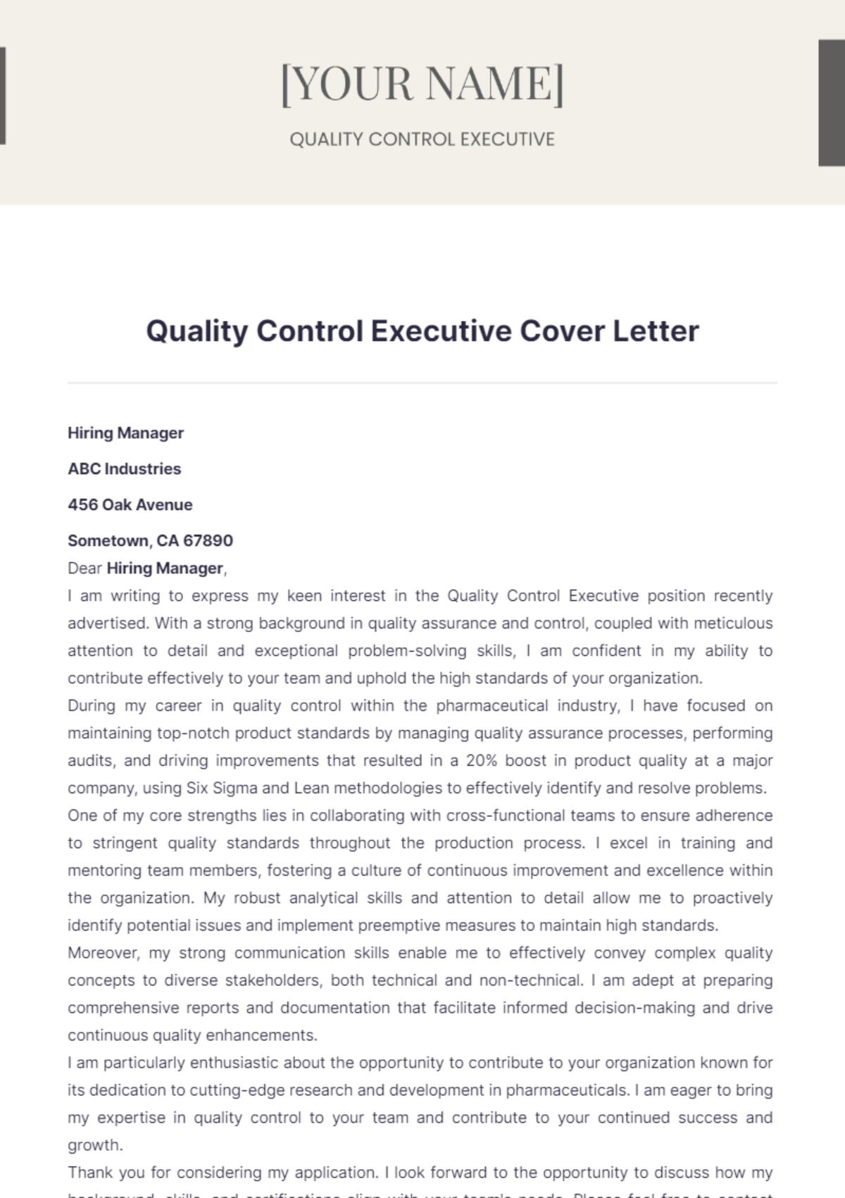 Quality Control Executive Cover Letter - Edit Online & Download