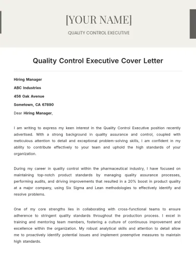 Free Quality Control Executive Cover Letter to Edit Online
