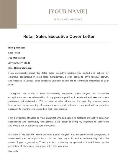 Free Retail Sales Executive Cover Letter to Edit Online