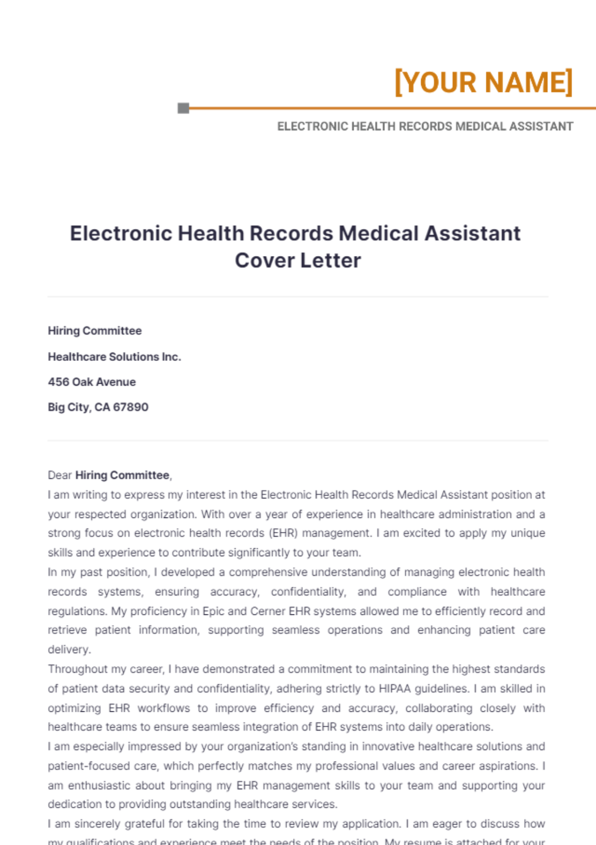 Electronic Health Records Medical Assistant Cover Letter - Edit Online & Download