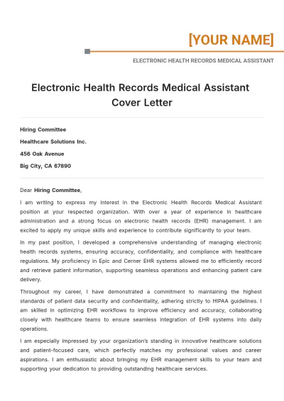 Free Electronic Health Records Medical Assistant Cover Letter to Edit Online