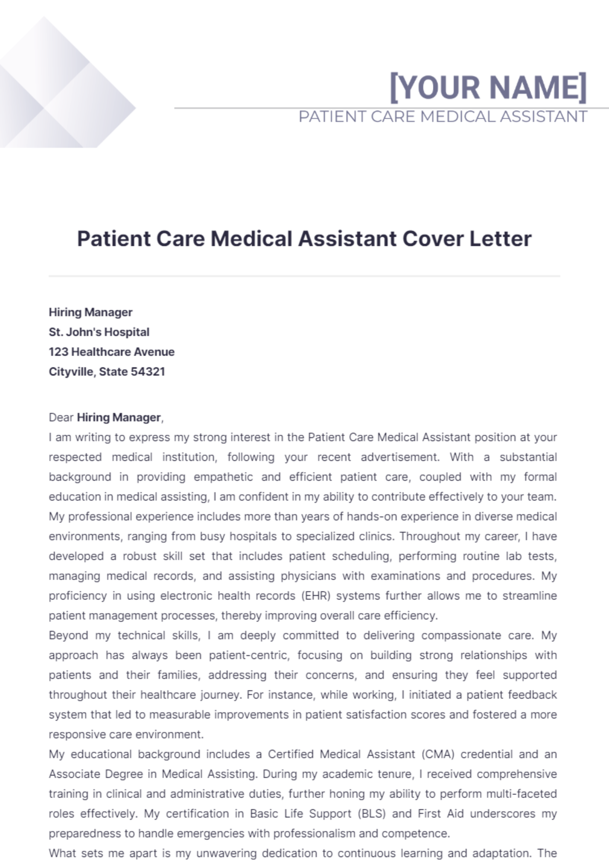 Patient Care Medical Assistant Cover Letter