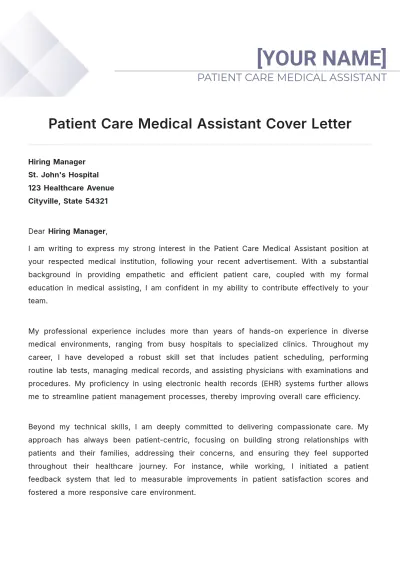 Free Patient Care Medical Assistant Cover Letter to Edit Online