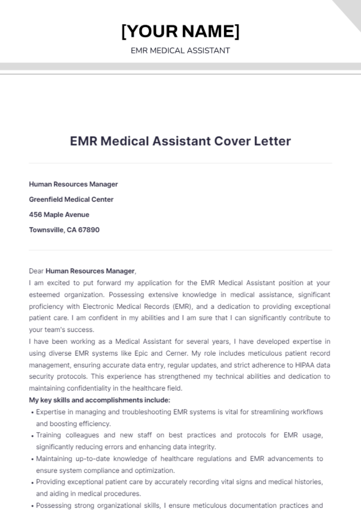 EMR Medical Assistant Cover Letter - Edit Online & Download