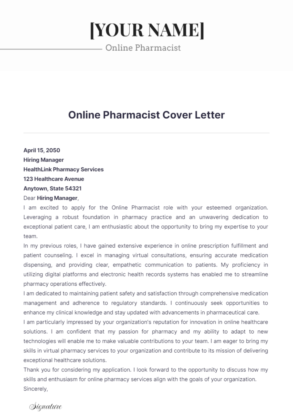 Online Pharmacist Cover Letter - Edit Online & Download