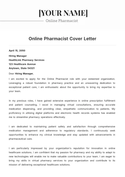 Free Online Pharmacist Cover Letter to Edit Online