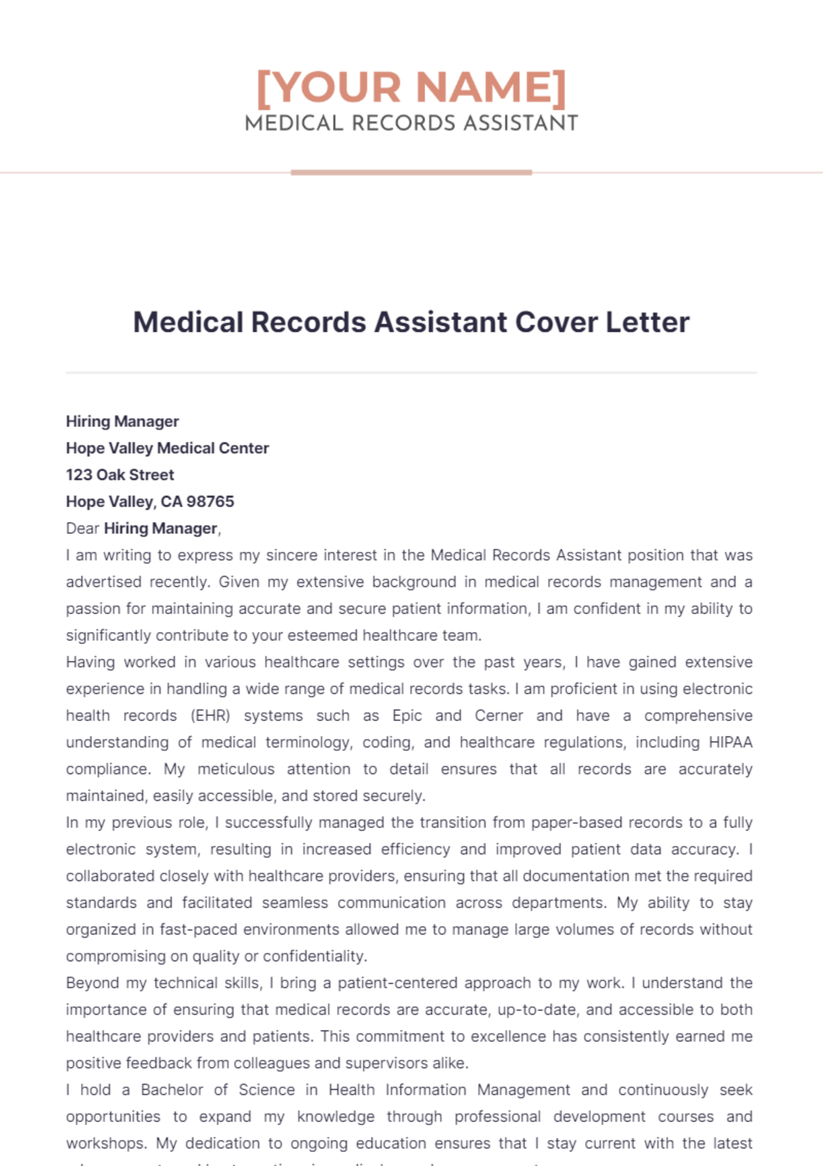 Medical Records Assistant Cover Letter