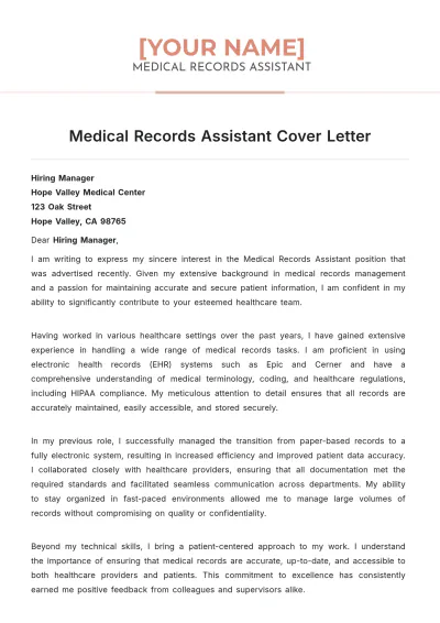 Free Medical Records Assistant Cover Letter to Edit Online