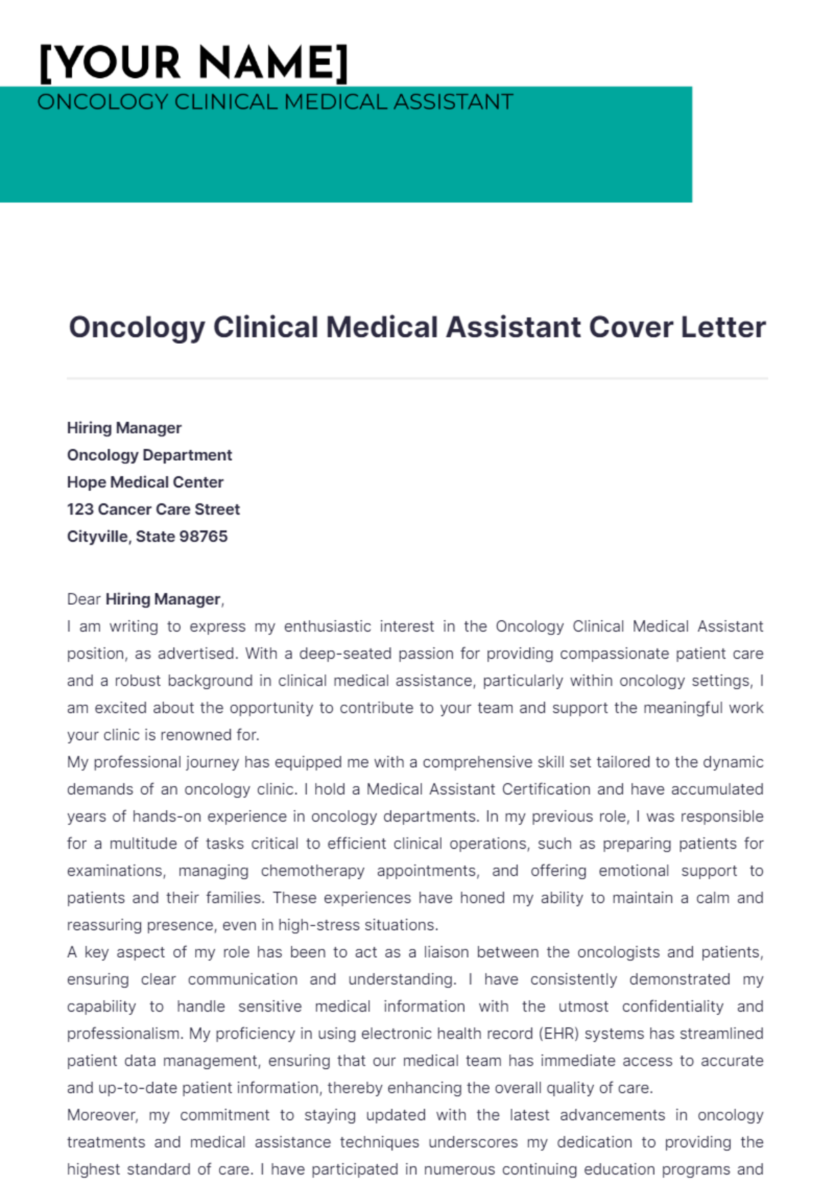 Oncology Clinical Medical Assistant Cover Letter - Edit Online & Download