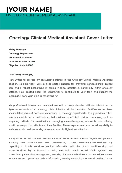 Free Oncology Clinical Medical Assistant Cover Letter to Edit Online