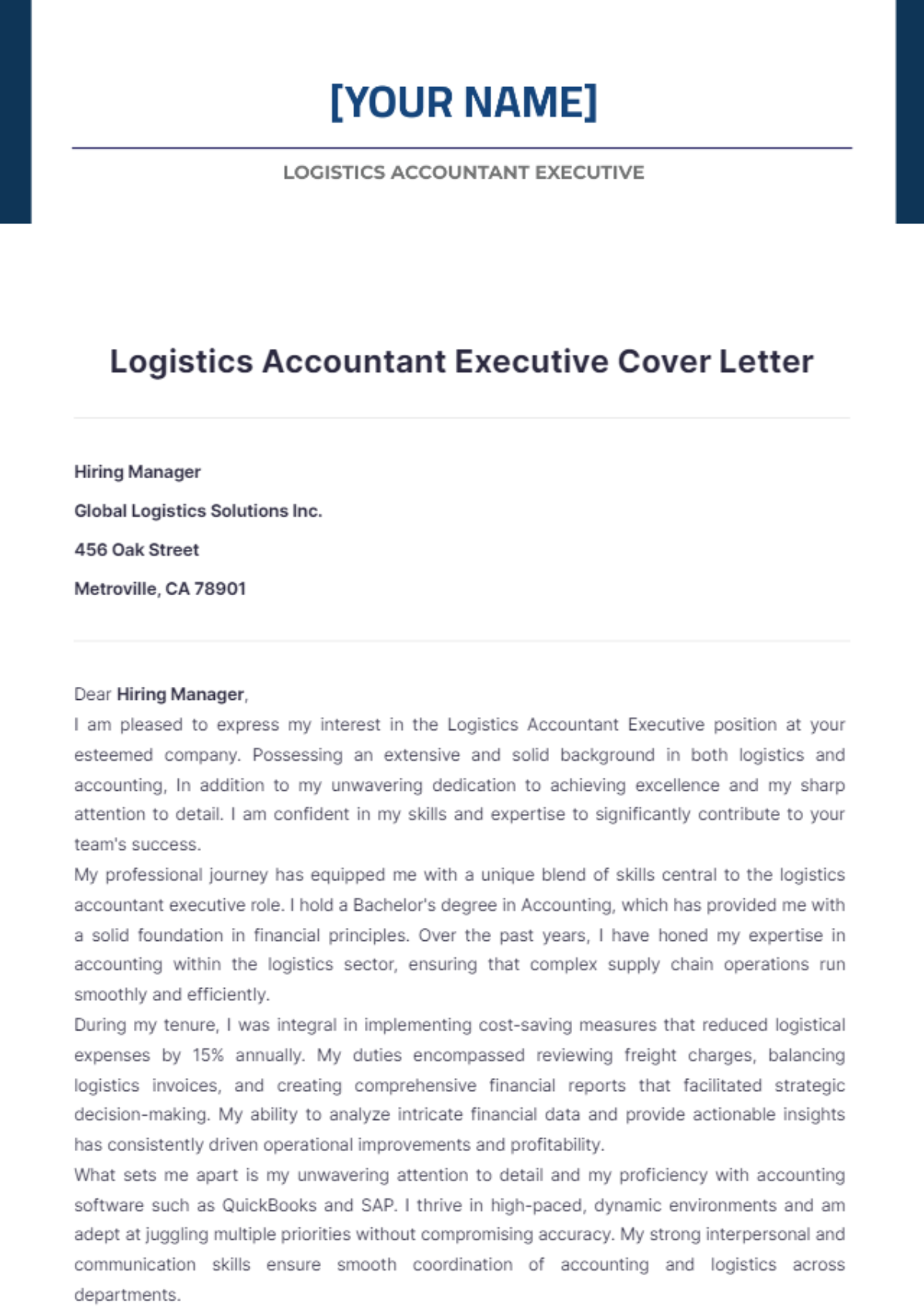 Logistics Accountant Executive Cover Letter