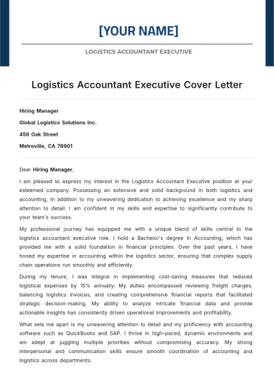 Free Logistics Accountant Executive Cover Letter to Edit Online