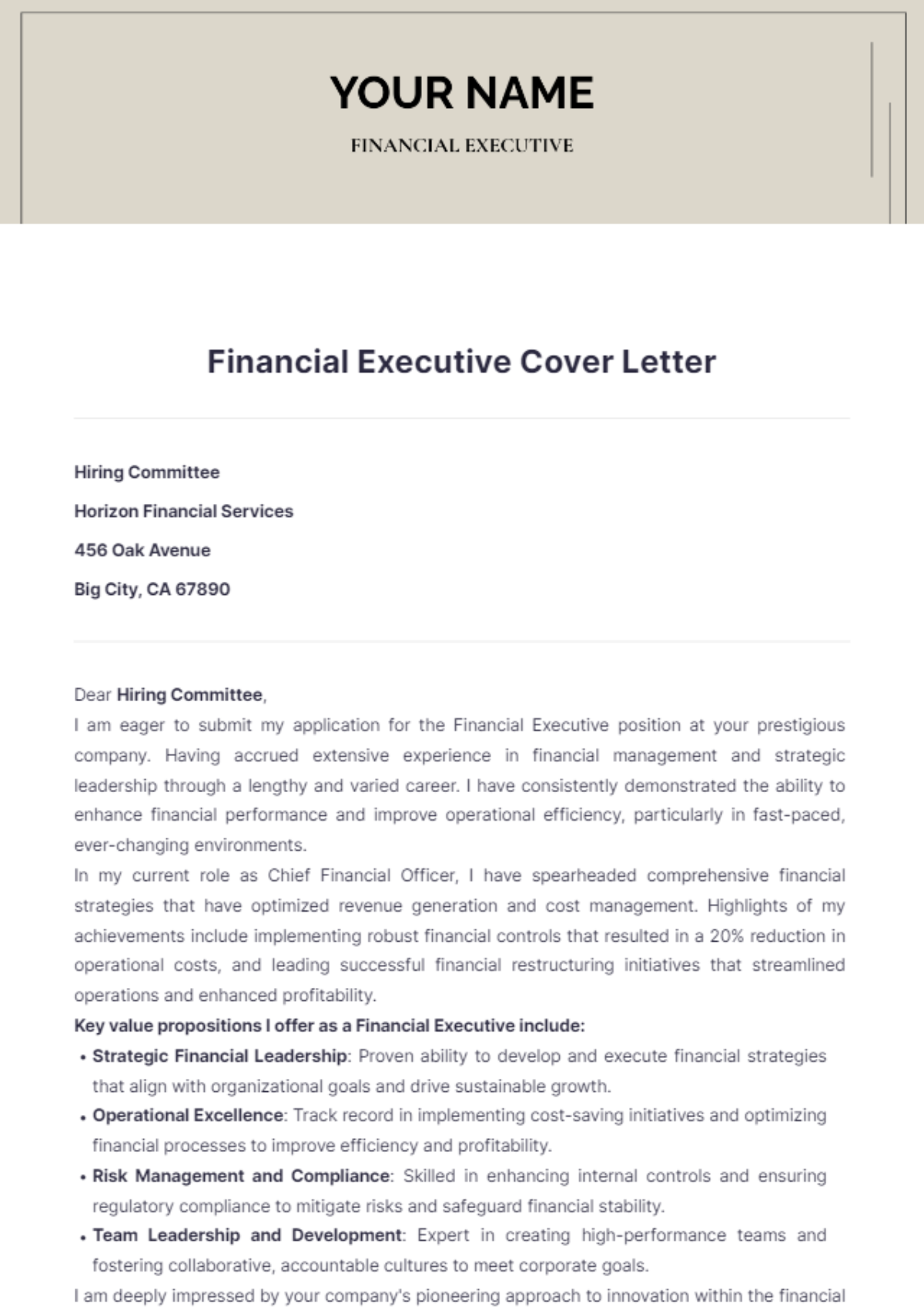 Financial Executive Cover Letter