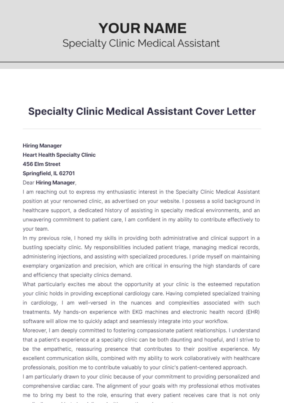 Specialty Clinic Medical Assistant Cover Letter - Edit Online & Download