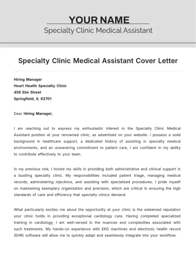 Free Specialty Clinic Medical Assistant Cover Letter to Edit Online