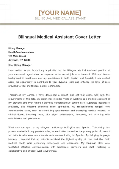 Free Bilingual Medical Assistant Cover Letter to Edit Online