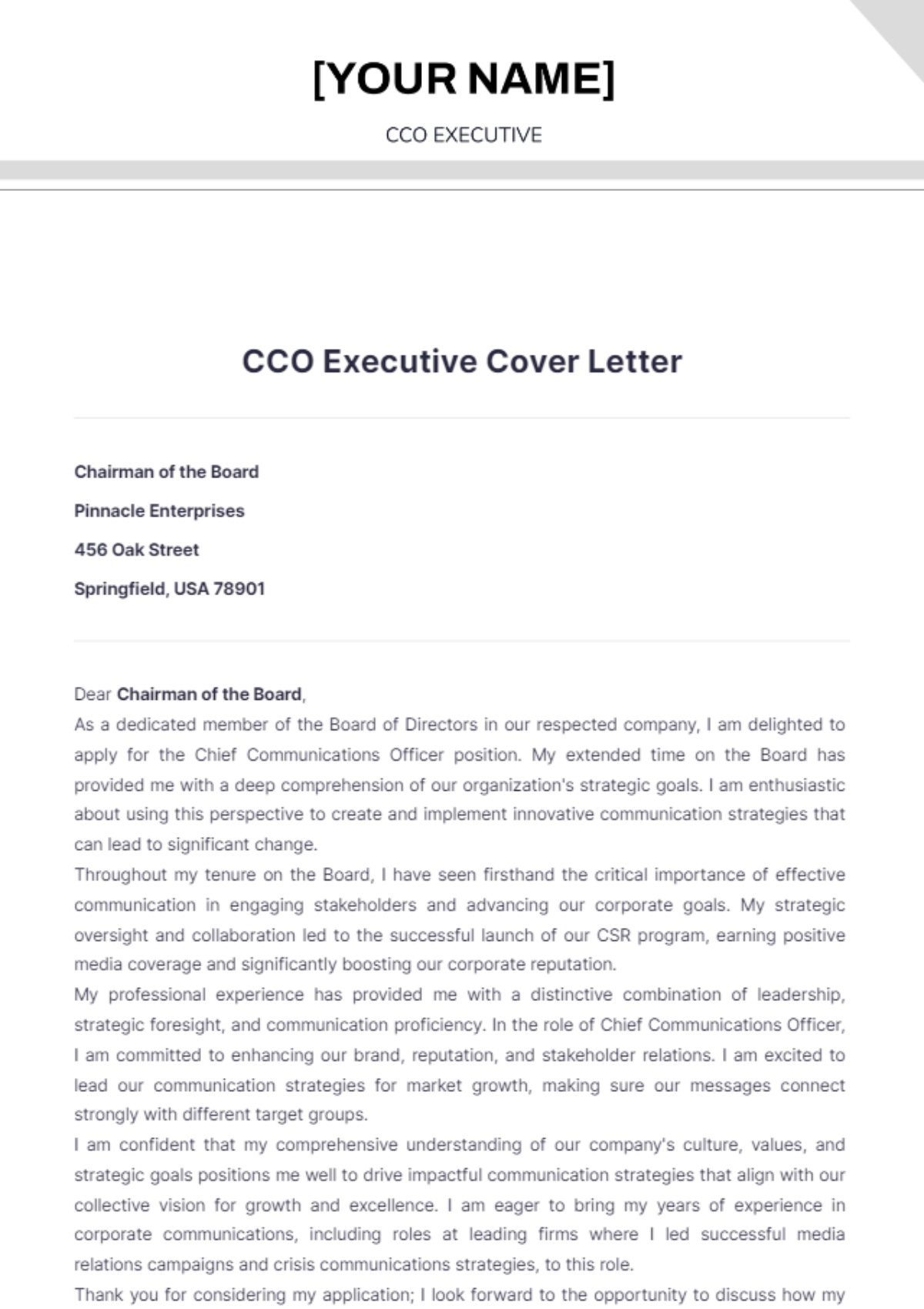 CCO Executive Cover Letter