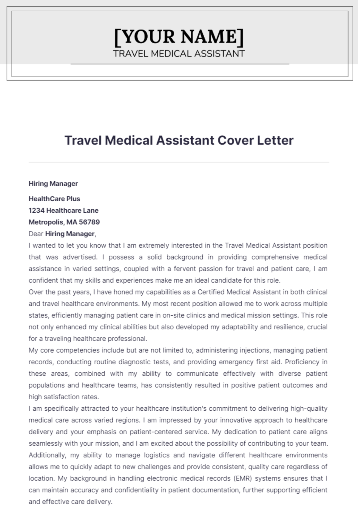 Travel Medical Assistant Cover Letter - Edit Online & Download