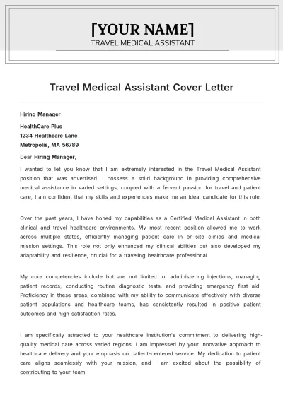 Free Travel Medical Assistant Cover Letter to Edit Online
