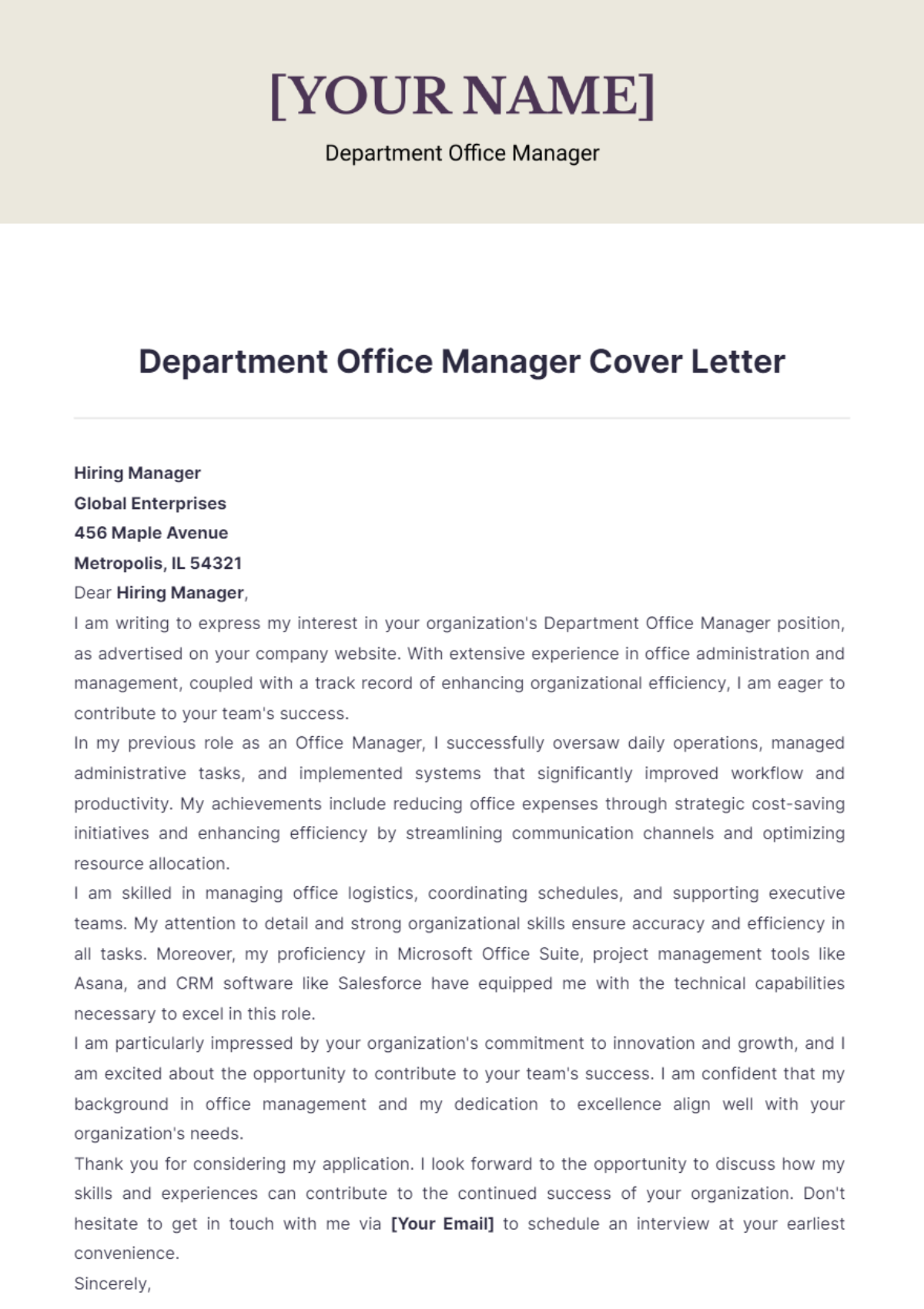 cover letter department manager