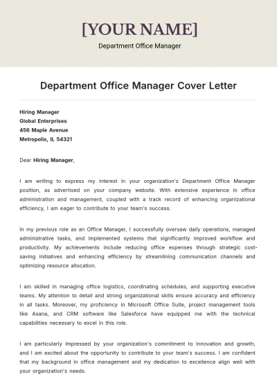 Free Department Office Manager Cover Letter to Edit Online