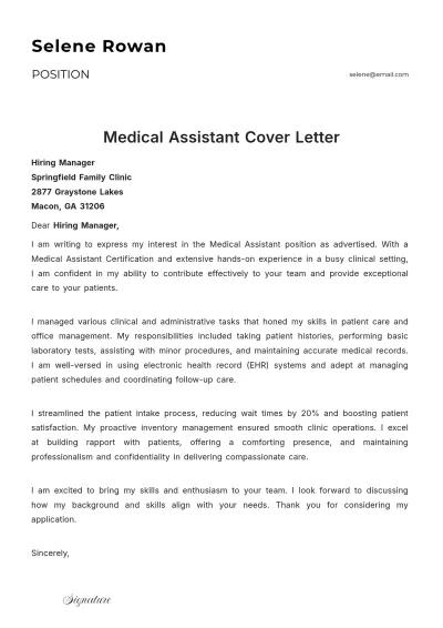 Free Medical Assistant Cover Letter Template to Edit Online
