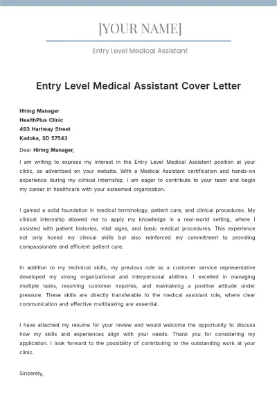 Free Entry Level Medical Assistant Cover Letter to Edit Online