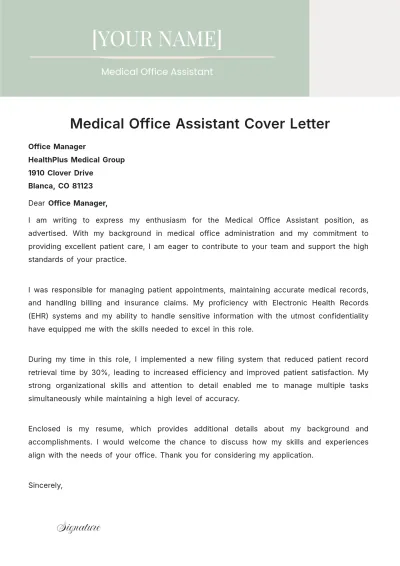 Free Medical Office Assistant Cover Letter to Edit Online