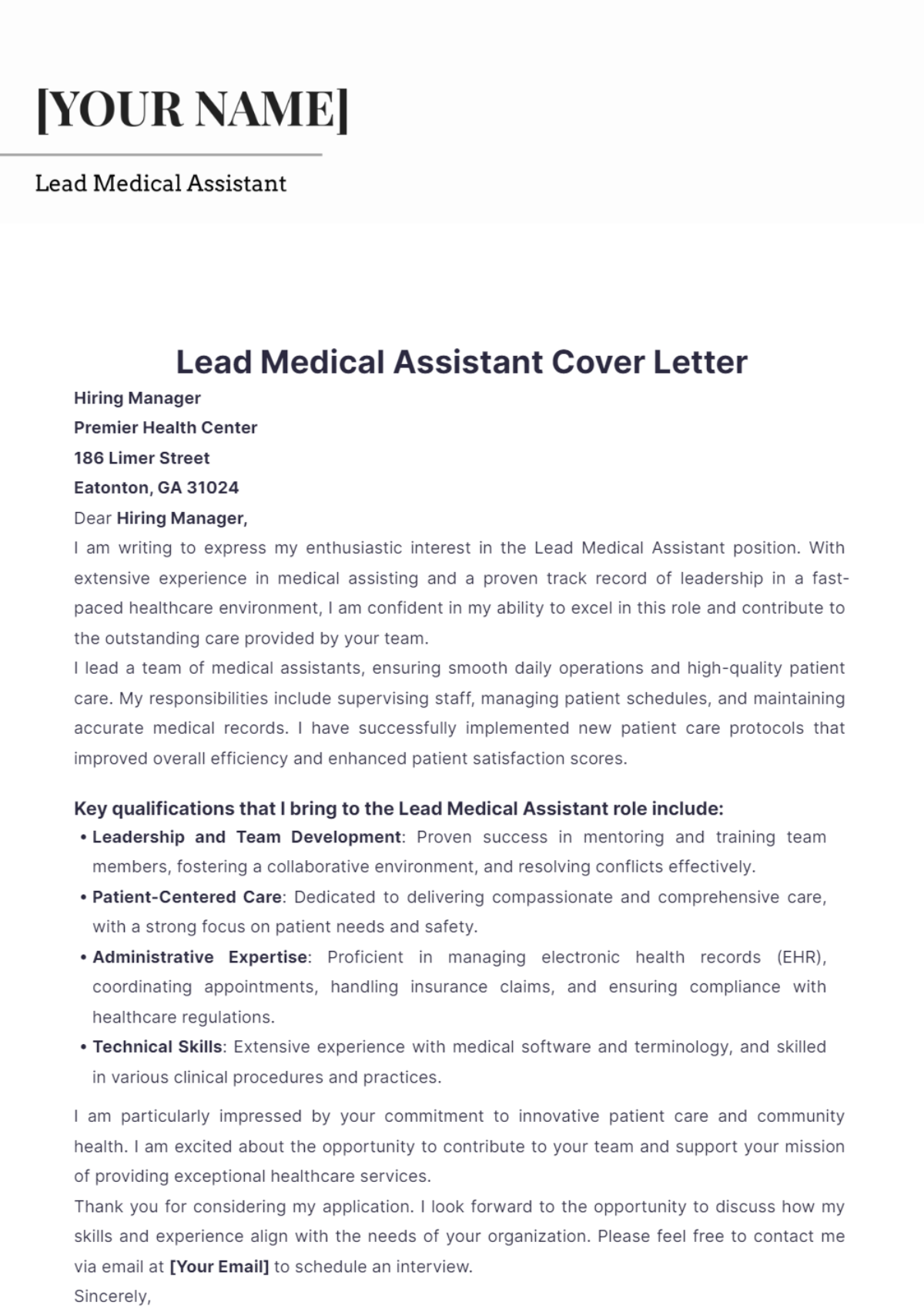 Lead Medical Assistant Cover Letter - Edit Online & Download