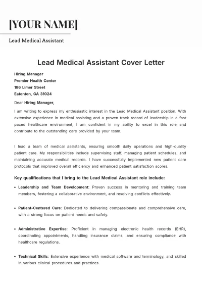 Free Lead Medical Assistant Cover Letter to Edit Online