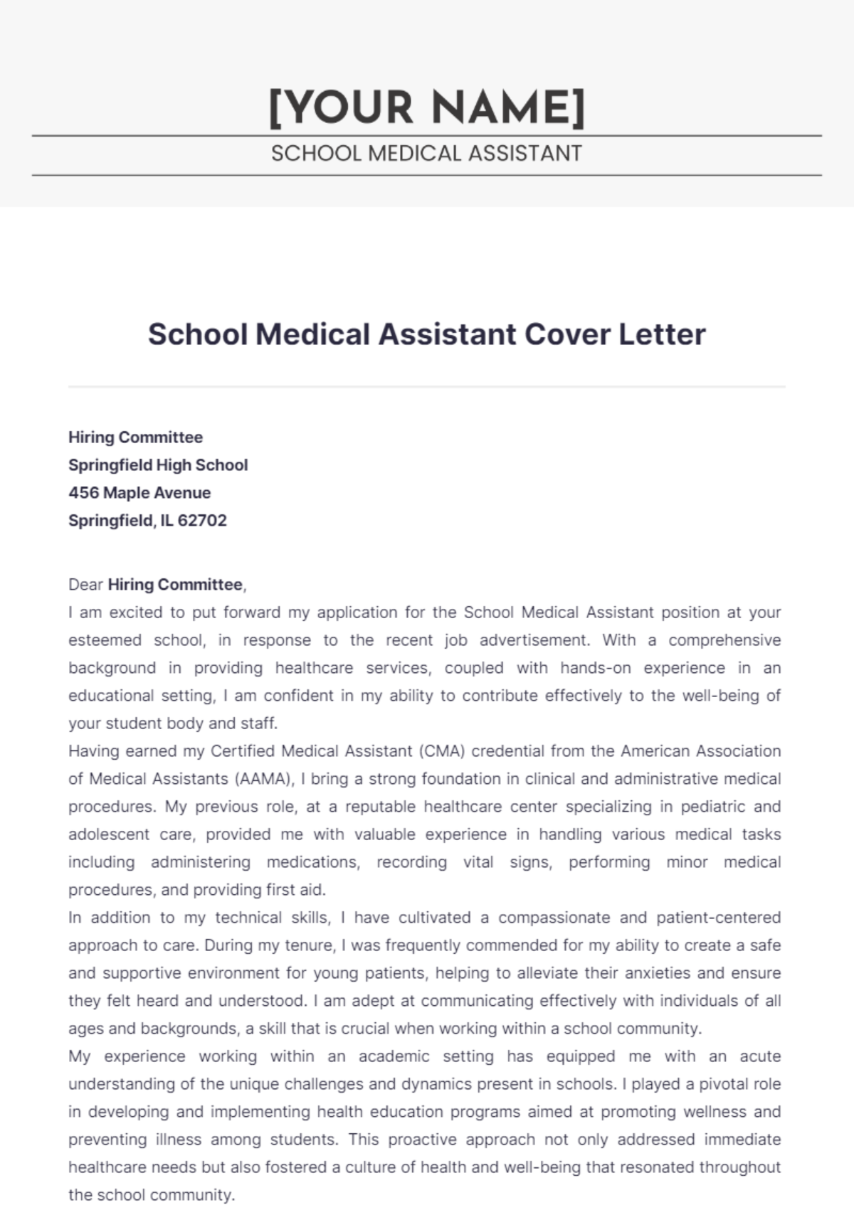 School Medical Assistant Cover Letter - Edit Online & Download