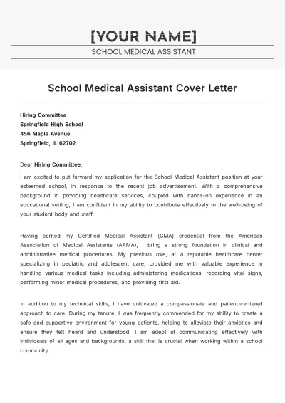 Free School Medical Assistant Cover Letter to Edit Online