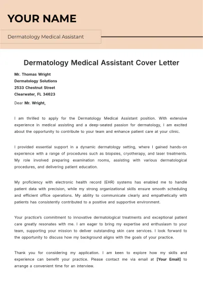 Free Dermatology Medical Assistant Cover Letter to Edit Online
