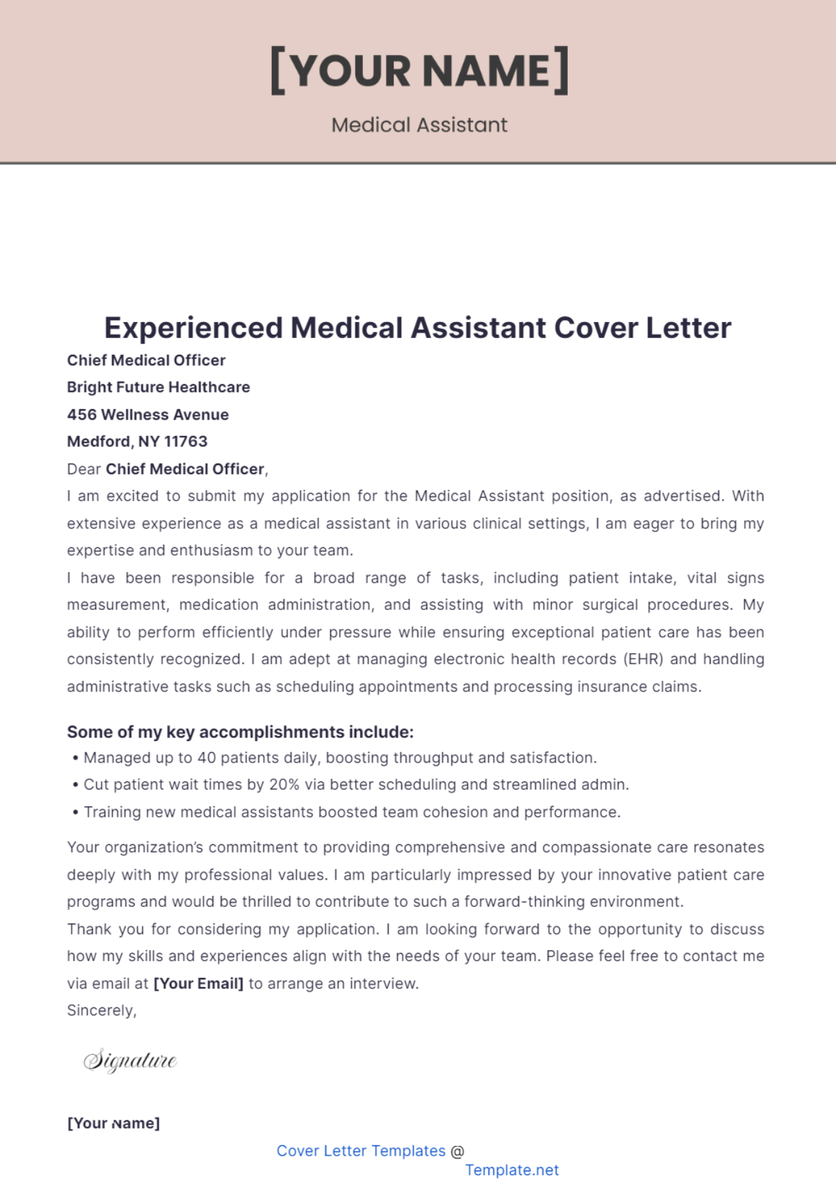 Experienced Medical Assistant Cover Letter - Edit Online & Download