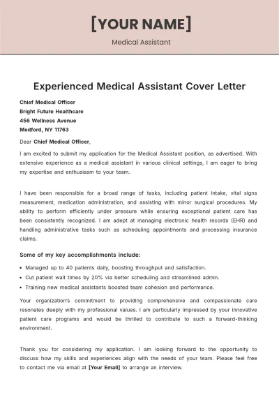 Free Experienced Medical Assistant Cover Letter to Edit Online