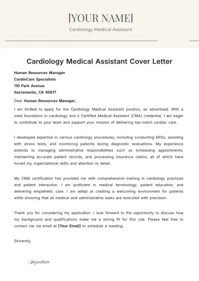 Free Cardiology Medical Assistant Cover Letter to Edit Online