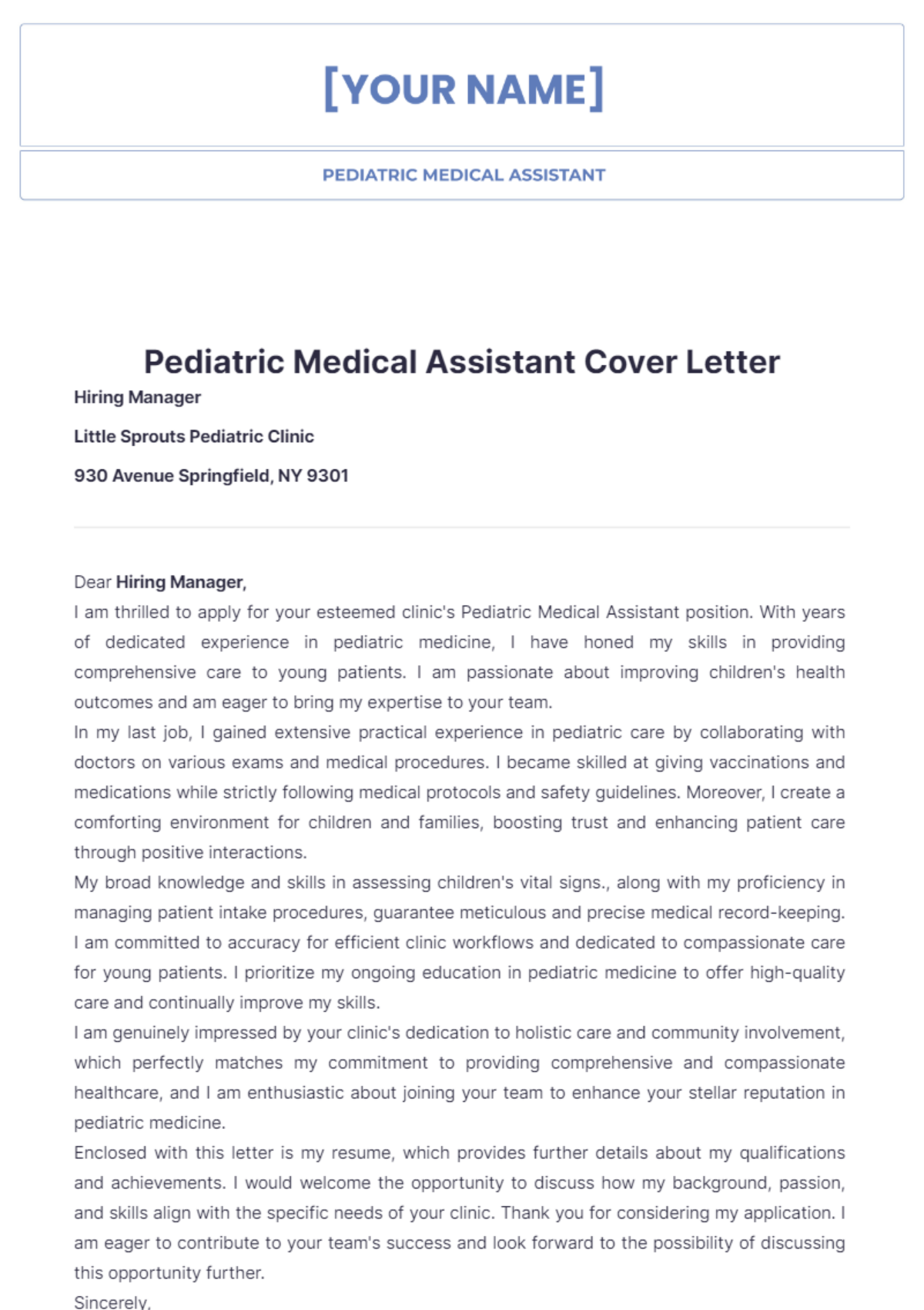 Free Pediatric Medical Assistant Cover Letter Template to Edit Online