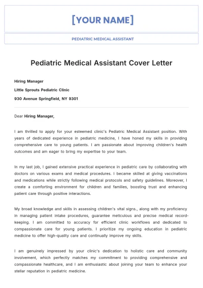 Free Pediatric Medical Assistant Cover Letter to Edit Online