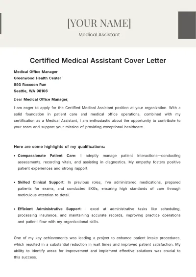 Free Certified Medical Assistant Cover Letter to Edit Online