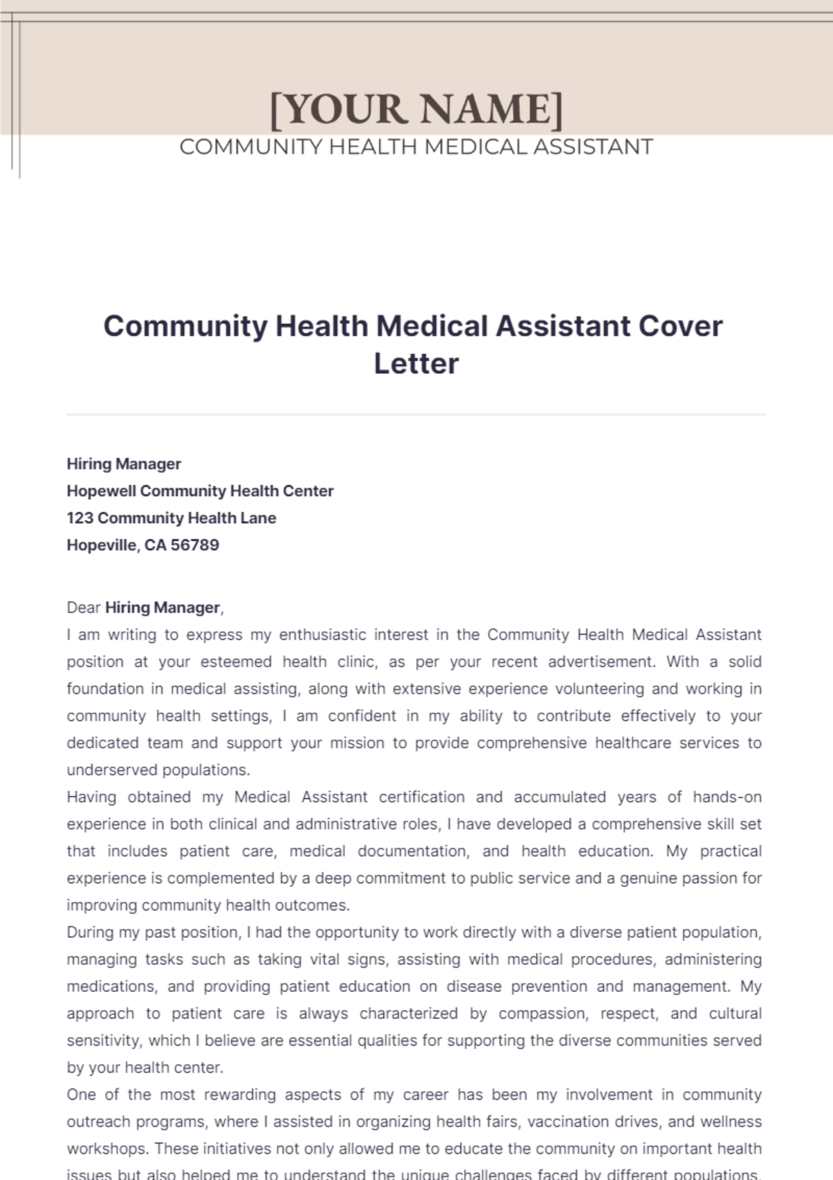 Community Health Medical Assistant Cover Letter - Edit Online & Download