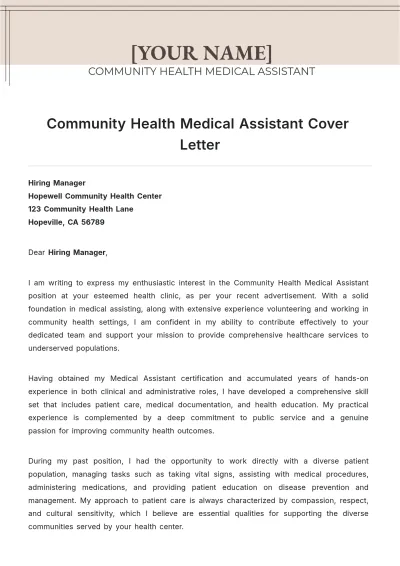 Free Community Health Medical Assistant Cover Letter to Edit Online