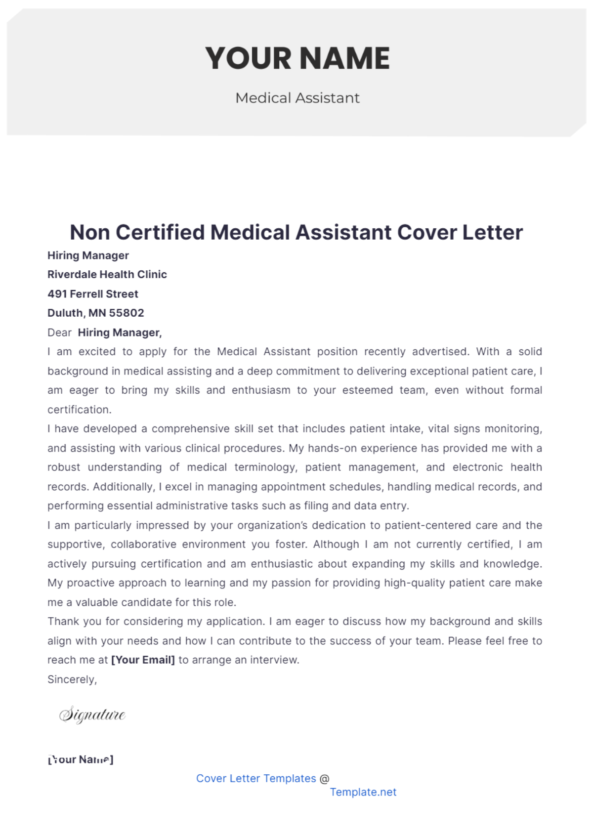 cover letter for a non certified medical assistant