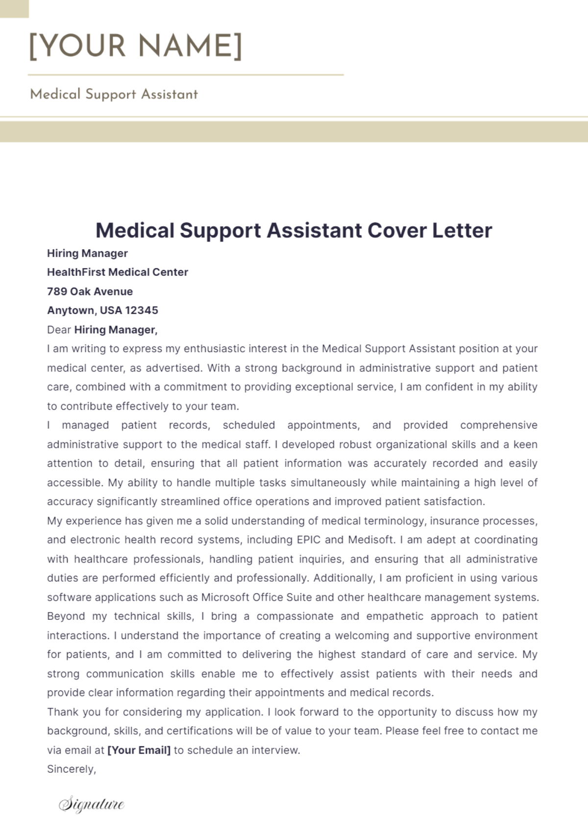 Medical Support Assistant Cover Letter